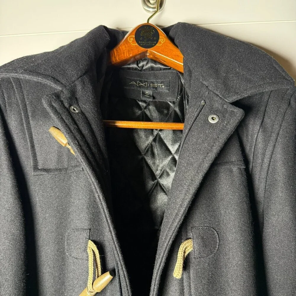 Duffle Coat- A[xist] Black, Size Medium, Wood Toggles Quilted Lining-EXCELLENT